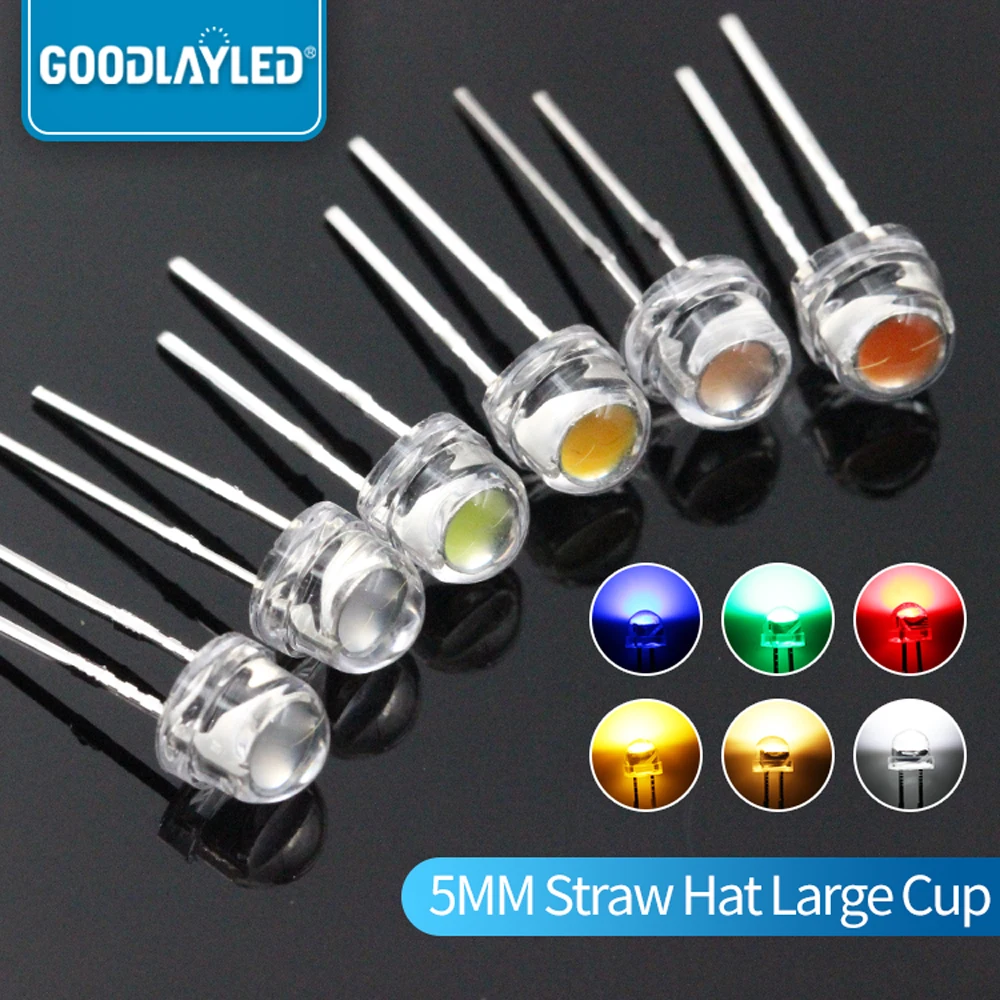 1000PCS 5MM Straw Hat Large Cup Short Leg Edge 0.2W White Red Blue Green Yellow DIP LED LAMP Light-Emitting Diode