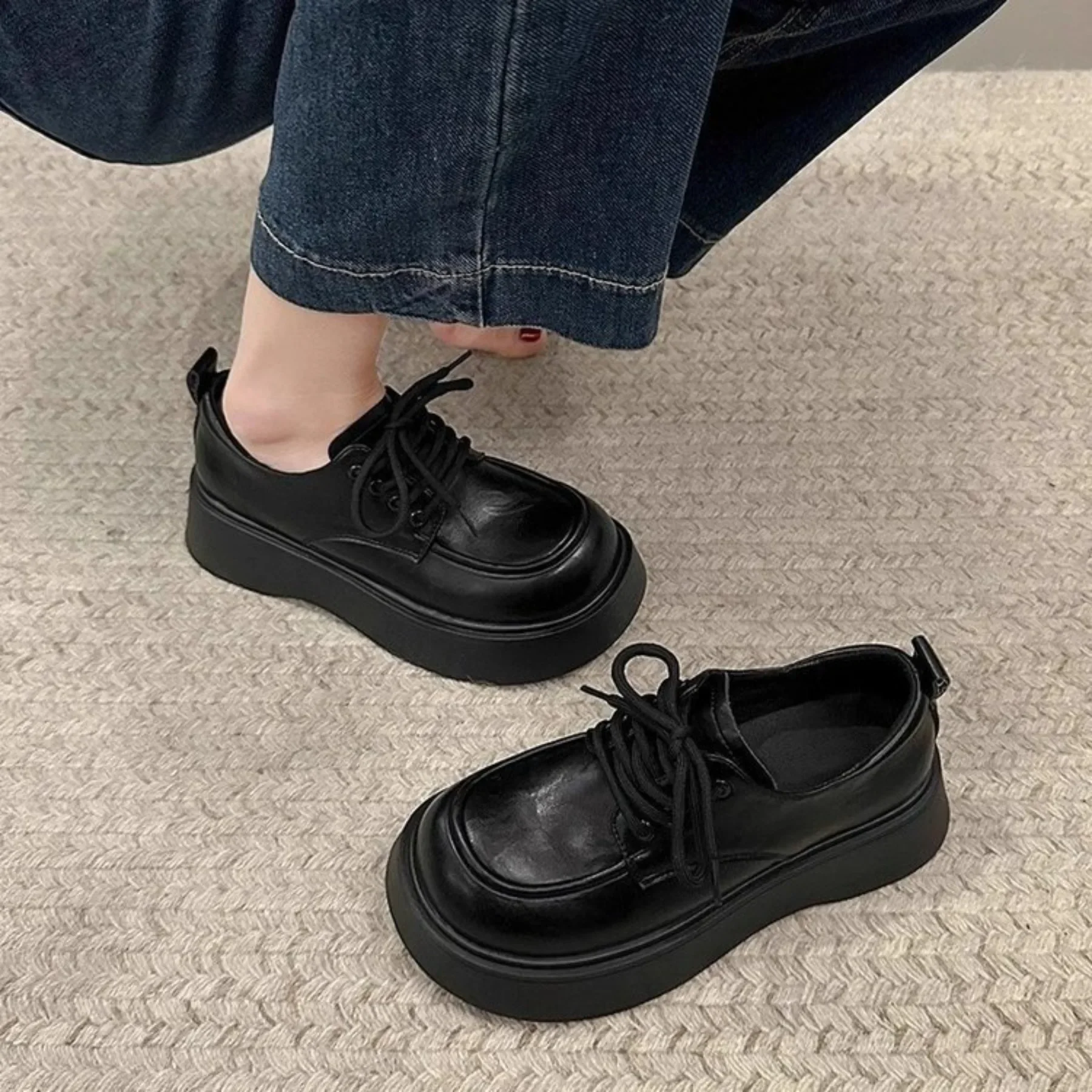 New Women Lace‑Up Oxford Shoes  Chunky Block Heel Platform Round Toe Comfort Non‑Slip Casual JK School Daily Dress Shoes
