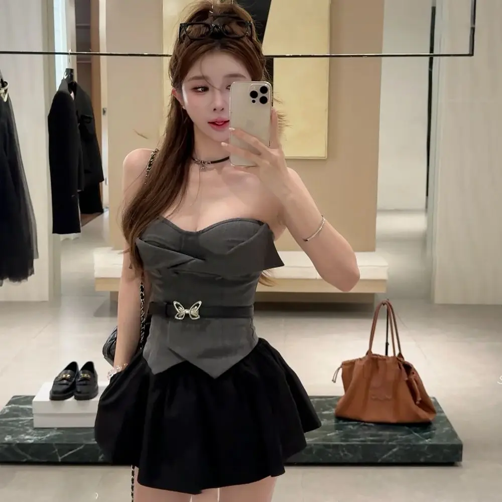 

2 Piece Skirt Set Women Summer New Hot Girl Style Fashionable High-end Designed Advanced Spliced Flip Sleeveless Top and Skirt