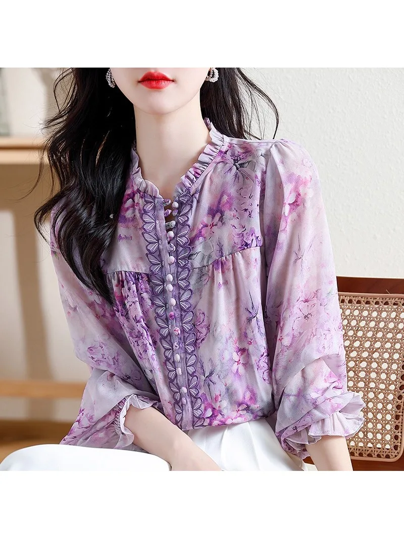 Women\'s Fashionable and Versatile Chiffon Shirt High-end and Thin Style Temperament Printed Lantern Long Sleeved Shirt