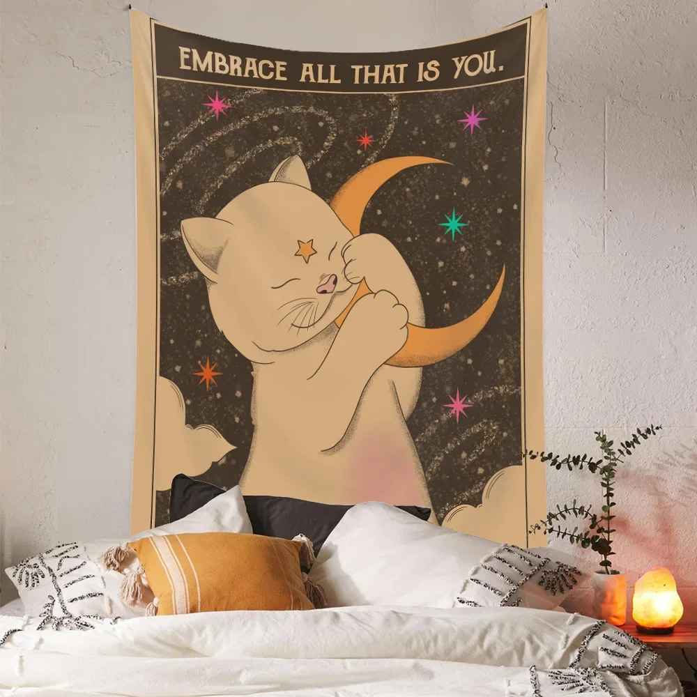 Sun Moon Tarot Tapestry Wall Hanging Boho Tarot Cat Kawaii Room Decor Psychedelic Hippie Tapestry for Kids Room Bedroom Wall Art