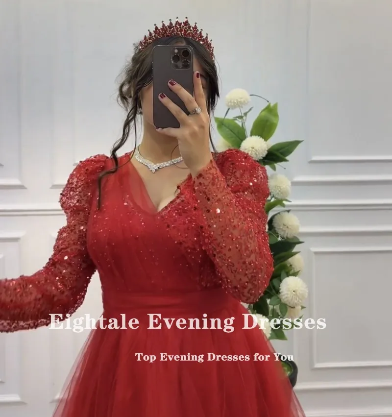 Eightale Red Evening Dress for Wedding Party Tulle Customized Arabic V-Neck Sequined Long Sleeves Formal Prom Gowns Vestido