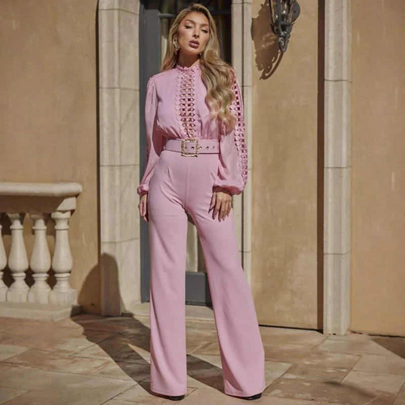 

Doyerl Elegant Romper Woman Jumpsuit Birthday Long Sleeve Hollow Out High Waist One Pieces Overalls Club Party Outfits with Belt