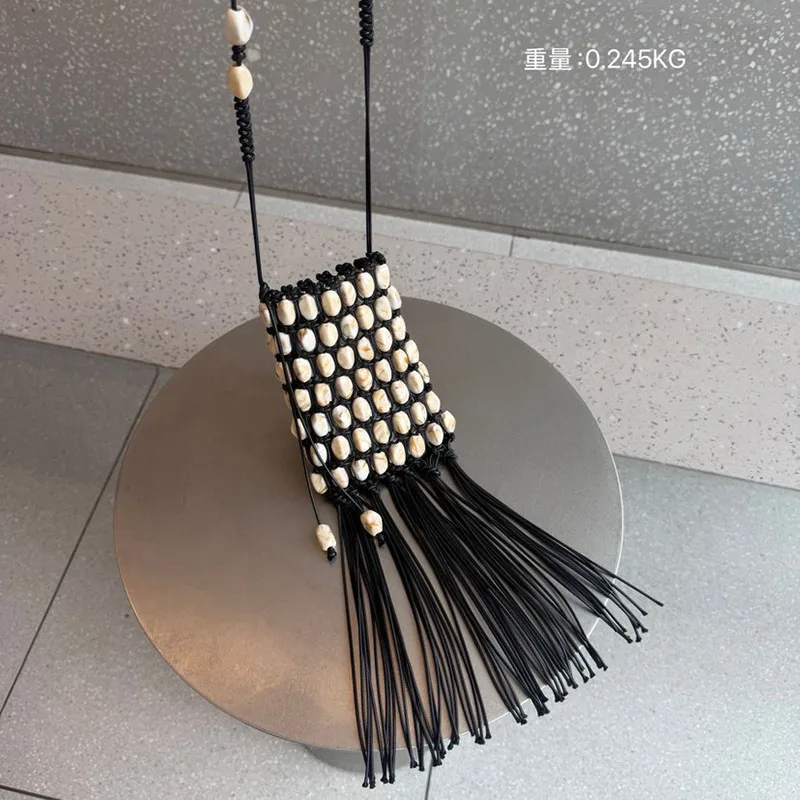 Fashion Stone Beaded Shoulder Bag Bohemian Tassel Crossbody Bags for Women Rope Crochet Beach Bag NEW Handmade Woven Bags Flap view 3