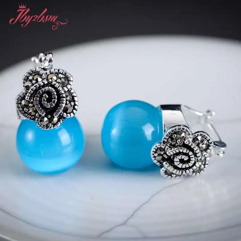 

12mm Round Opalite Cat Eye Beads Earrings Marcastie Flower Tibetan Silver Huggie Earrings For Women Party Fashion Jewelry 1 Pair