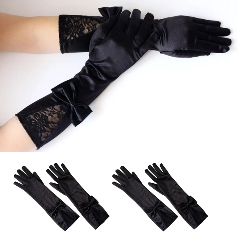 Women Girls Wedding Halloween Prom Party Gloves Lace Trim Bow Long Mittens