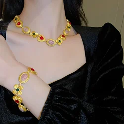 Medieval Vintage Flower Portrait Necklaces for Women Heart-shaped Rhinestones Bracelet Palace Dangle Earrings Jewellery Sets K