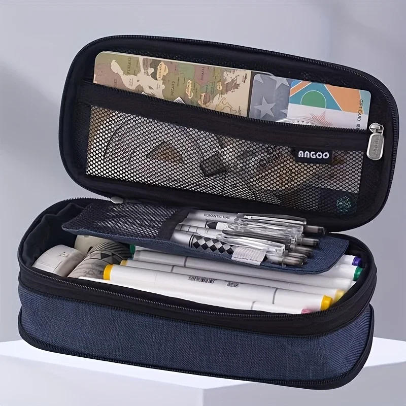 A double-layer canvas pencil case with a window, minimalist solid color, large capacity, macaron color scheme, dirt-resistant st