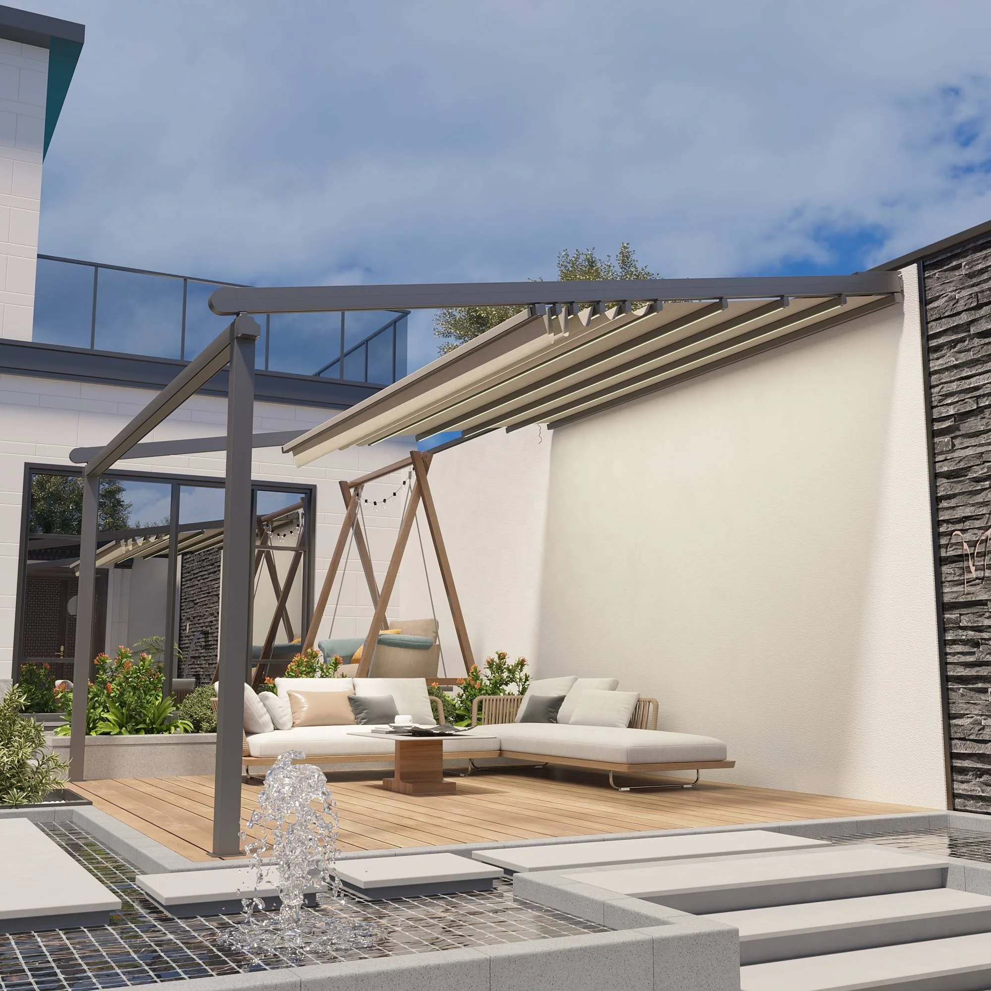 Outdoor Automatic Retractable Roof Pergola System PVC Aluminum Patio Cover Opening Design Powder Coated Nature Aluminum Alloy