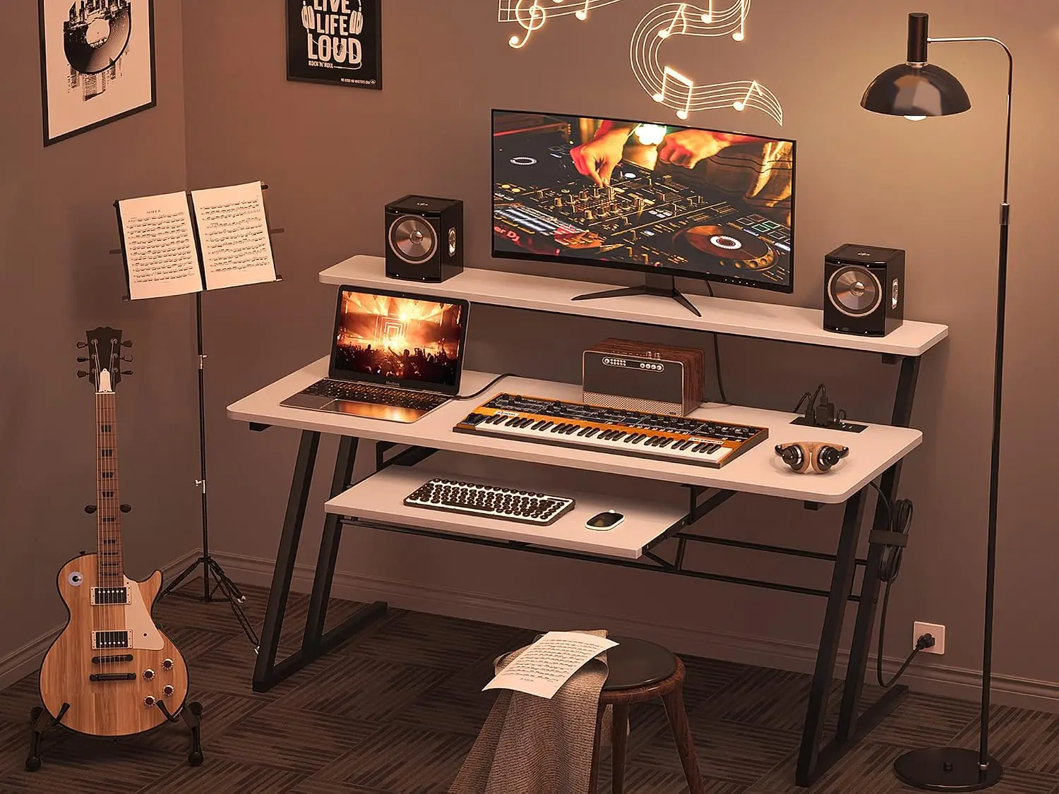 Music Studio Desk Production Workstation - Recording Studio Desk | for Producer, Audio Desk with Power Outlet and Keyboard