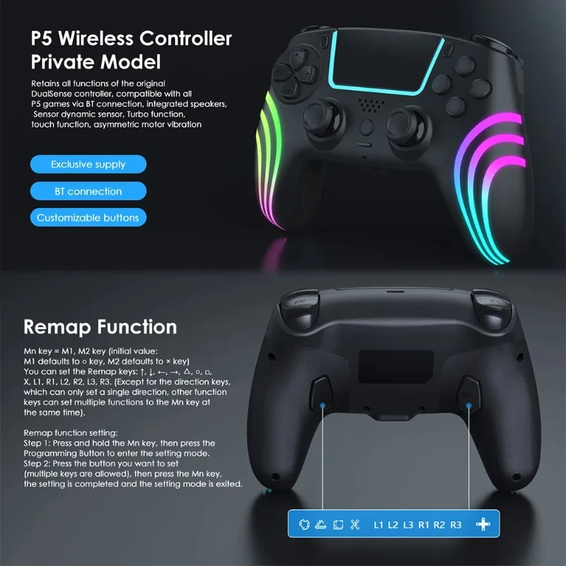 وحدة تحكم ألعاب لاسلكية لجهاز PS 5/PS 5 Slim/PS 5 Pro/PC BT 4.0 مع مقبس 3.5 ملم وزر برمجة لوحة اللمس