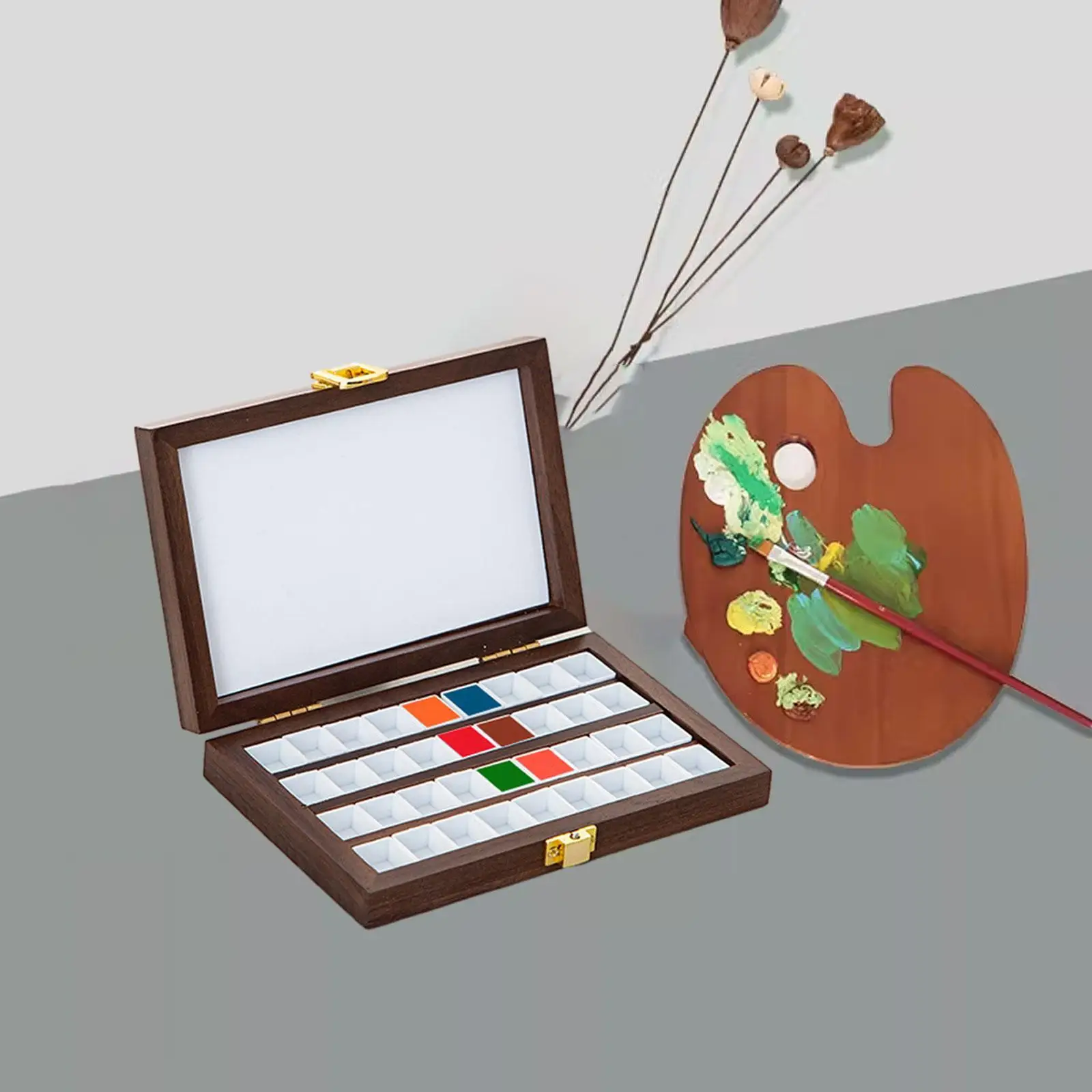Wood Palette Box Compact with Lid Empty Drawing Craft for Acrylic Paint Watercolor Travel Portable Palette Box Mixing Tray DIY