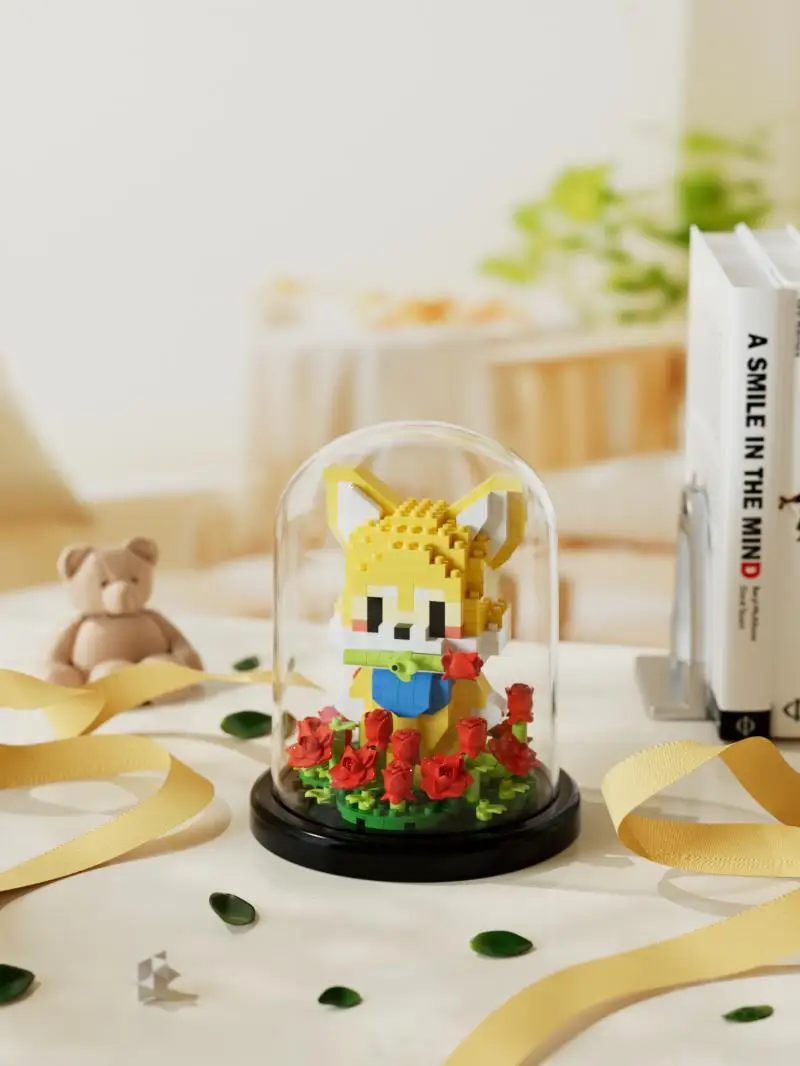 Criativo animal bloco de construção jardim, cão dos desenhos animados, coelho, rosa, mini pet tijolo modelo, decoração home, brinquedo da educação, presente das crianças