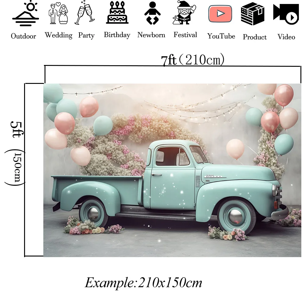 Фон для свадебного декора для детского душа, синий фургон, воздушный шар, цветок, фон для фотостудии, торт на день рождения для девочек, реквизит для фотосъемки