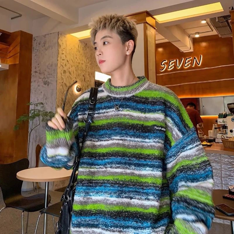 Harajuku Striped Sweater Men Gradient Color Block Retro Round Neck Knitwear Loose Elastic Embroidery Long Sleeved Pullover Male - Image 3
