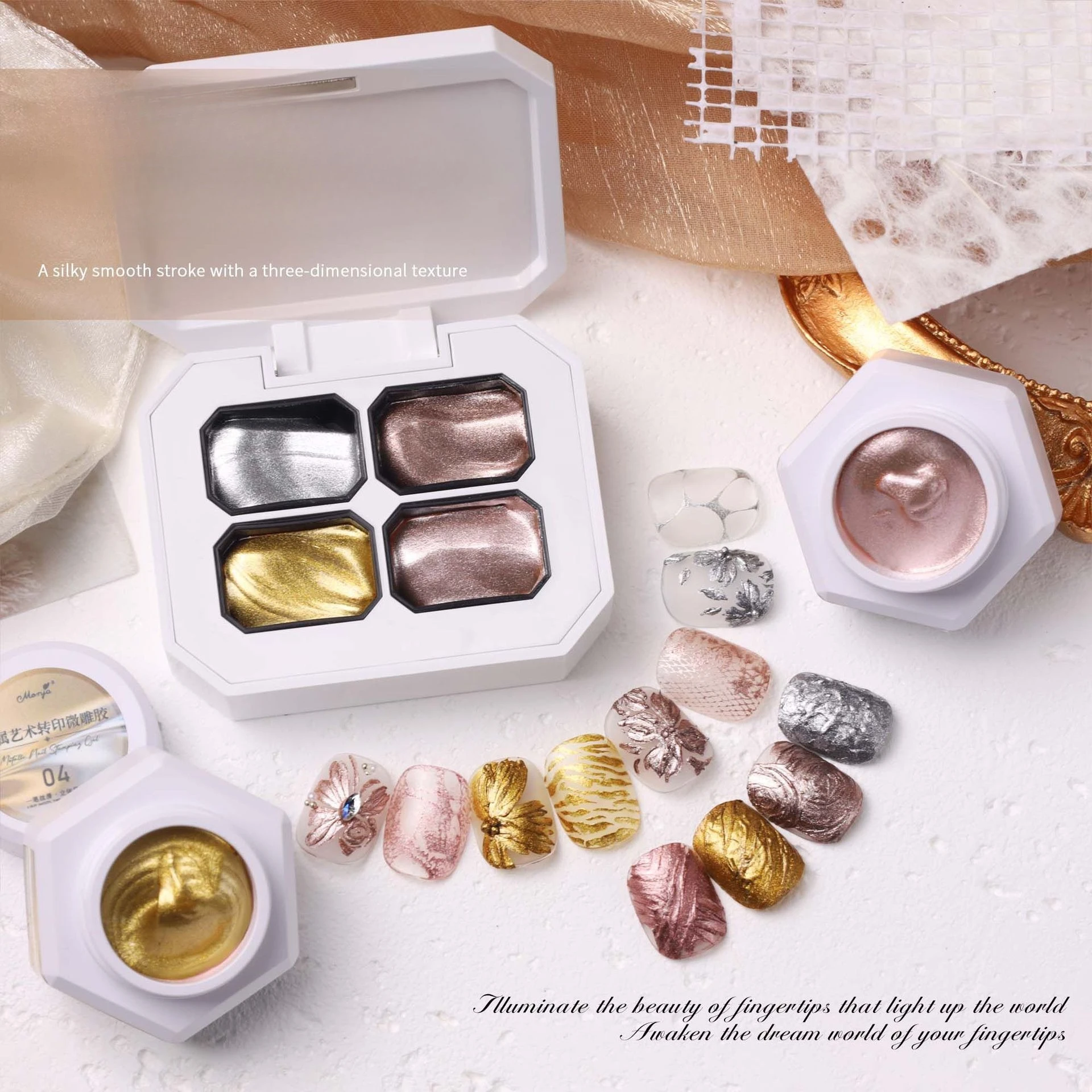 4Colors 3D Metal Embossed Gel No Wipe Sculpting Painting Gel No Need Top Coat Gold Silver Texture Gel for Nail Art Decoration