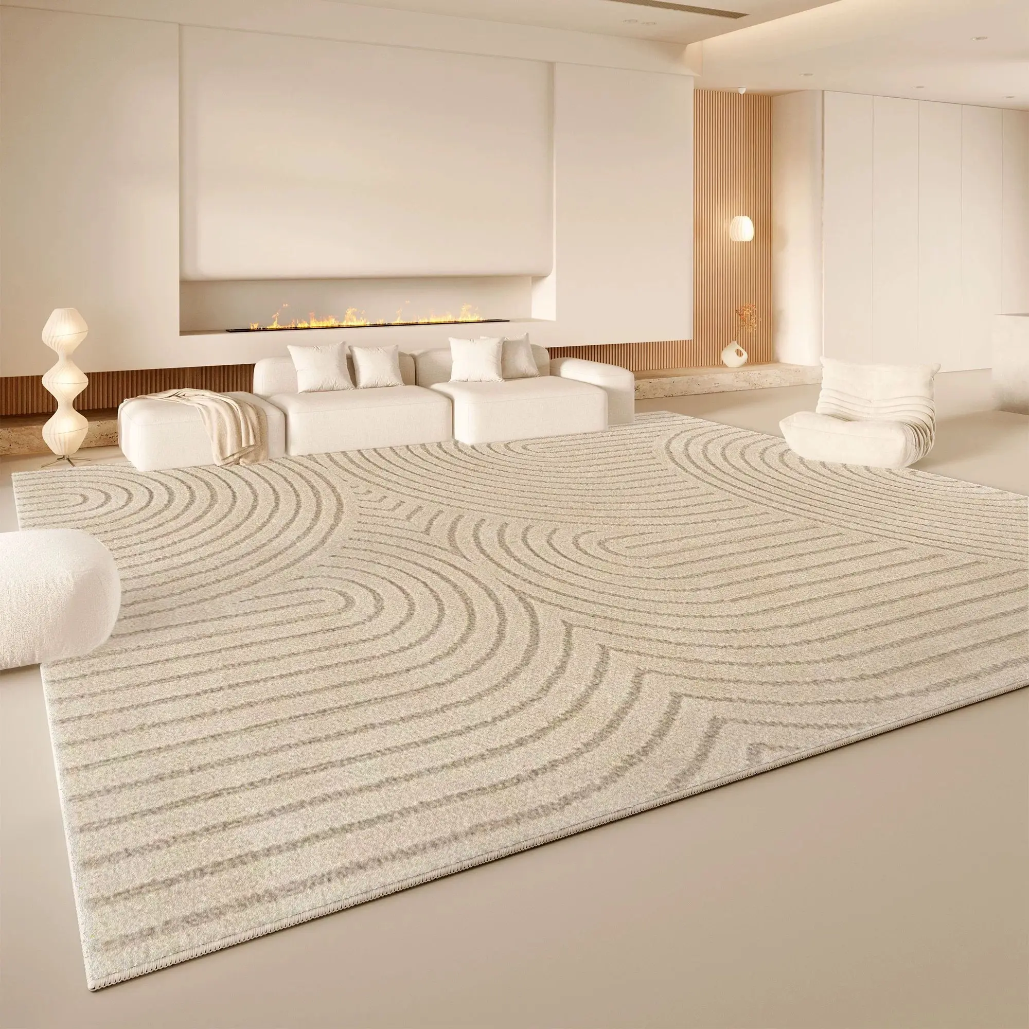VIKAMA Cream Curved Line Area Rug Non Slip Washable Living Room Carpet Neutral Minimalist Abstract Home Floor Rug