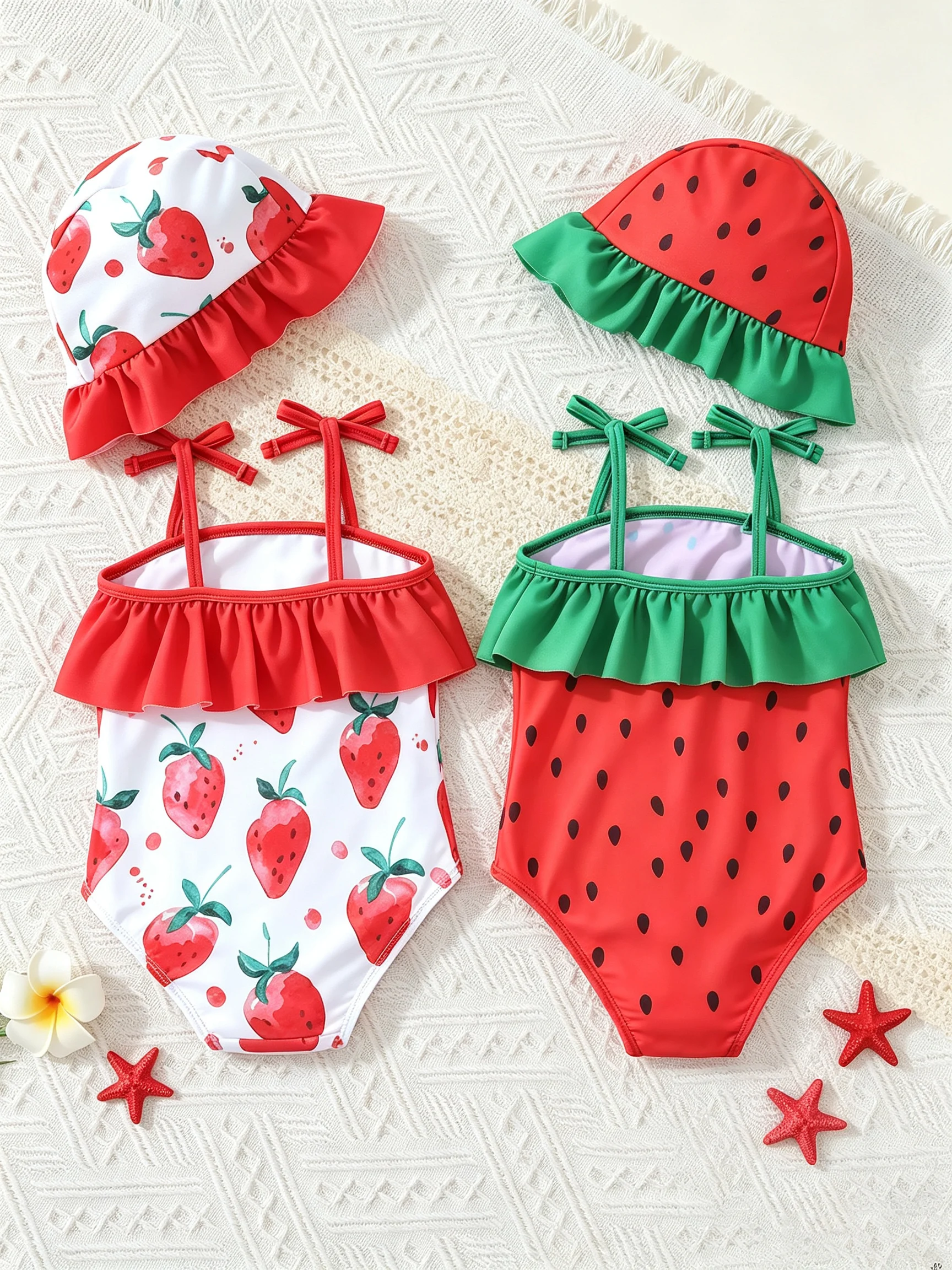 2 Styles Summer Girls Fruit Print One Piece Swimsuit Set, Comes with Matching Ruffle Bucket Swim Cap