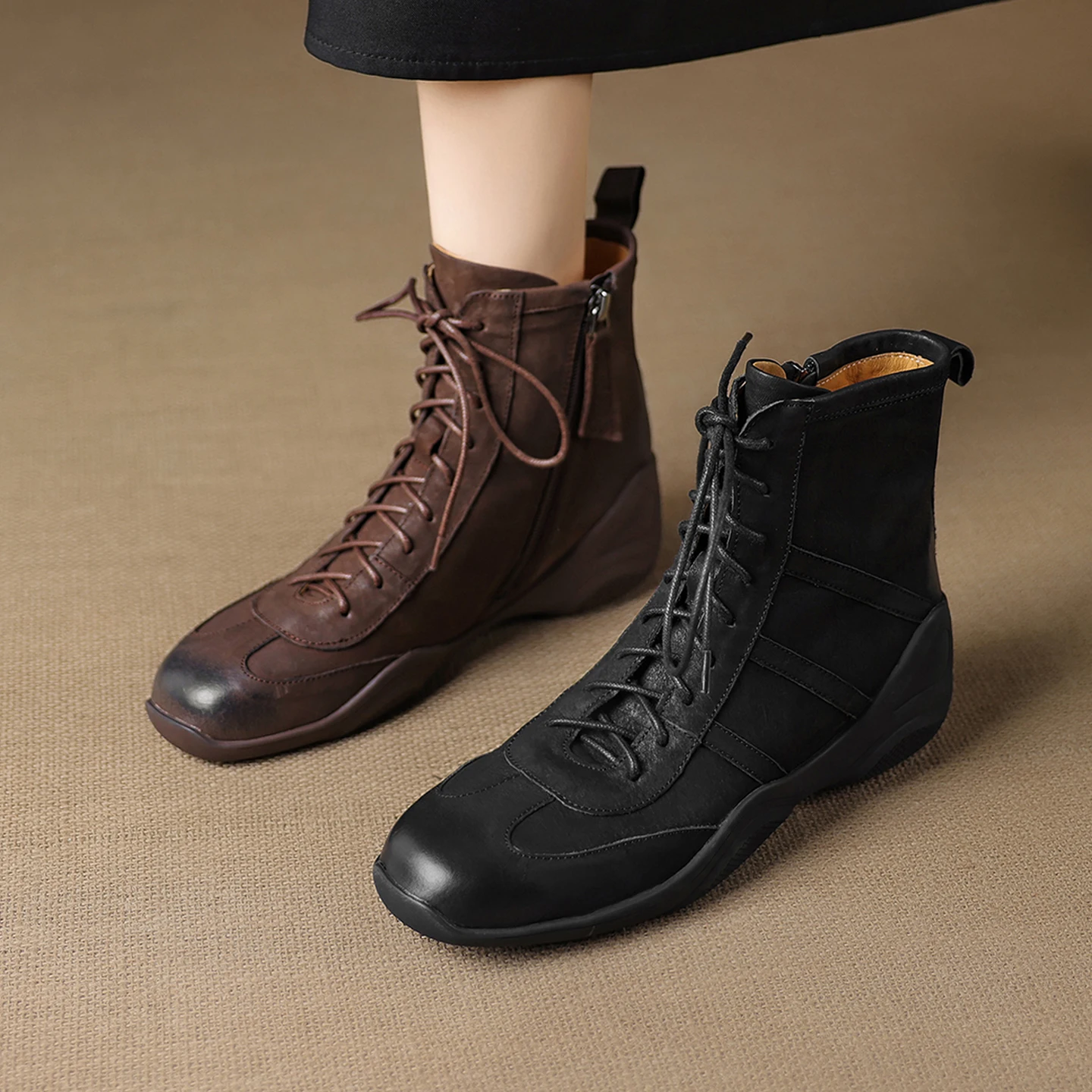 2026 new autumn winter women ankle boots natural leather plus size 22-25cm cowhide round toe thick heel side zip short boots