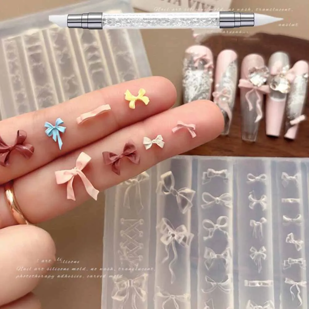 2pcs Bowknot Ribbon Acrylic Mold with Caving Pen 3D Carved Bow Transparent Silicone Nail Art Template DIY Design Nail Accessorie