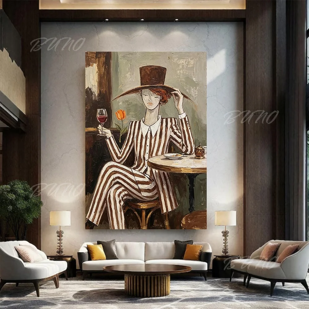 100% Hand-painted Abstract Oil Painting Vintage Cafe Lady Original Canvas Wall Art for Home Living Room Bedroom Wall Decor