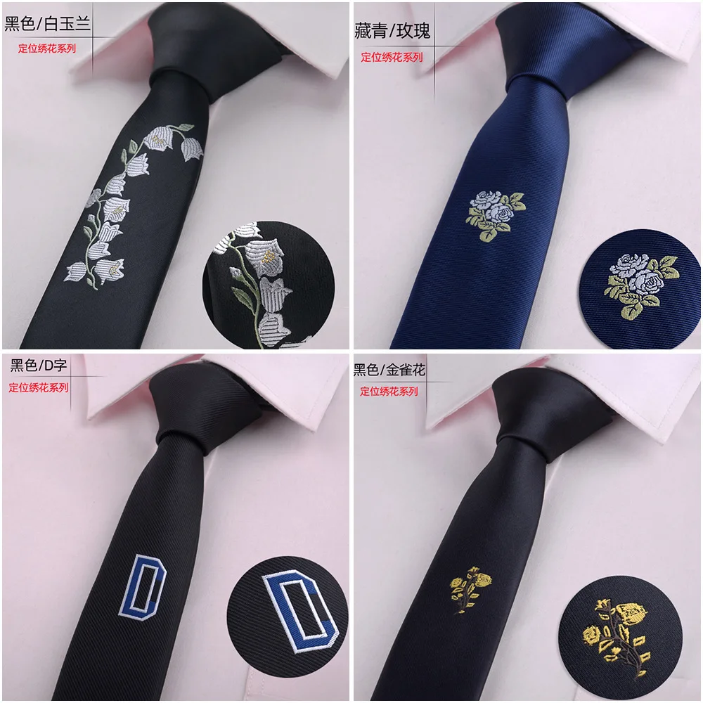 

Fashion Korean Version Accessory Men's Tie New Narrow Floral Embroidery Wedding Groom Best Man Polyester Tie