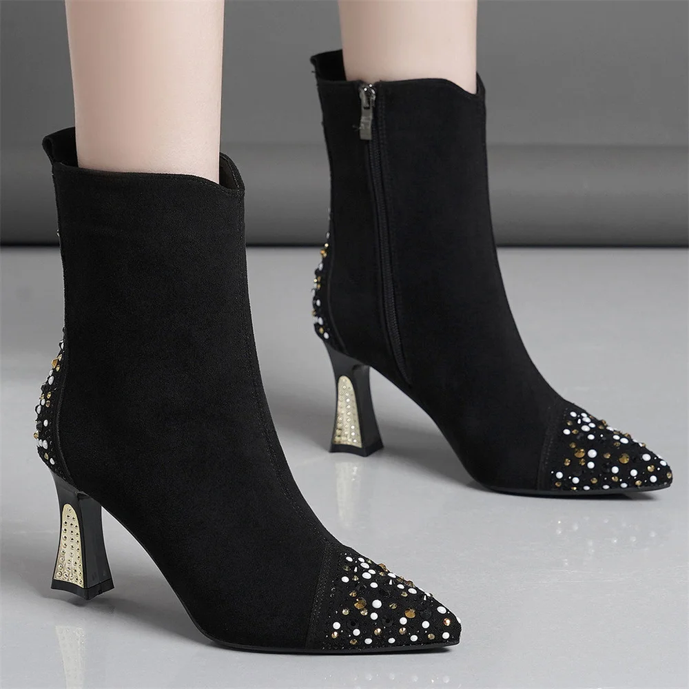 2024 New Sexy Black Women Boots Winter Rhinestone Shallow Thick Heel Comfortable Shiny Heels Shoes Casual Party For Female Boots