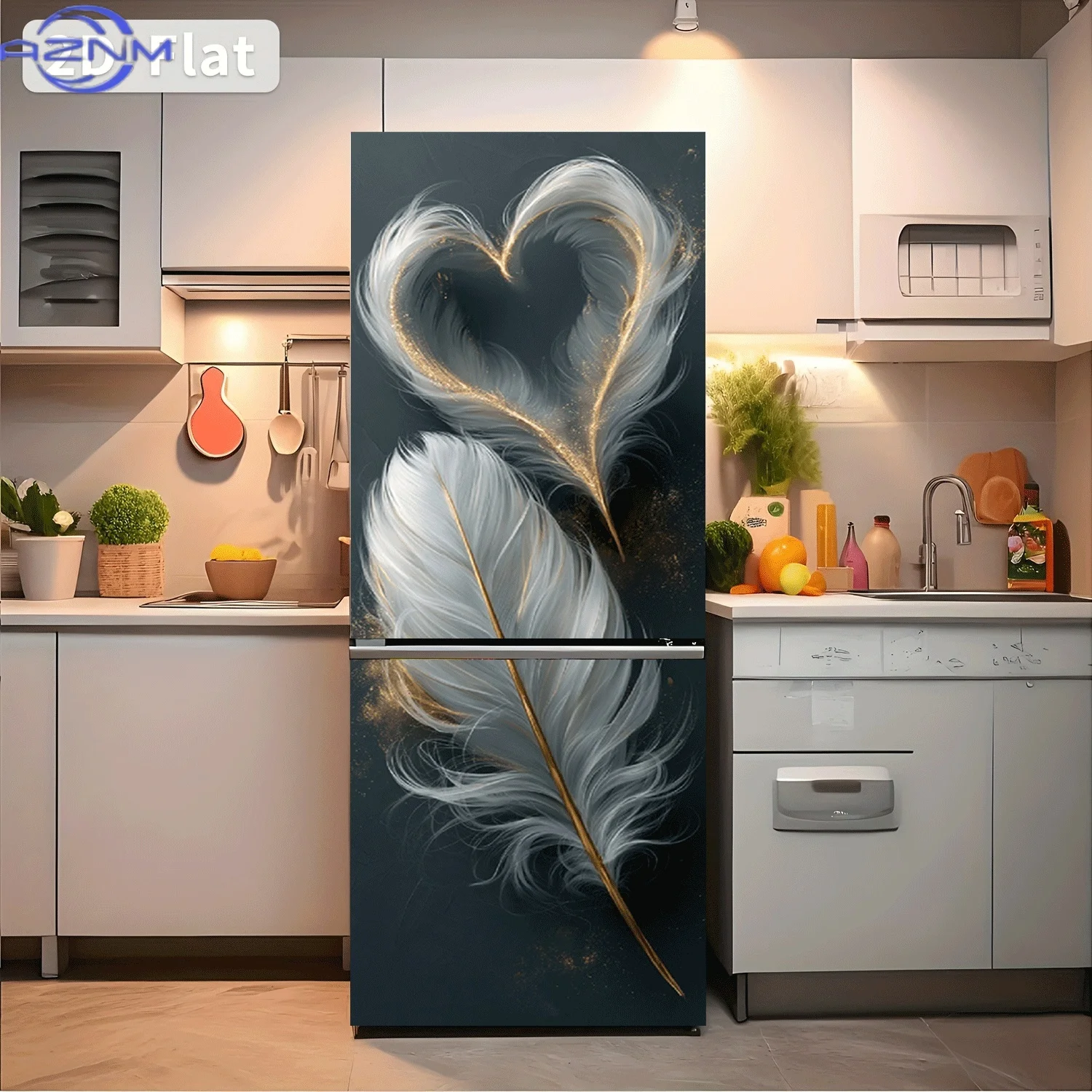 [2D Flat Printing] 1pc Fridge Magnet Sticker Golden Feather Heart Rhythm Light Nest Theme Design Wall Sticker Self-Adhesive Su