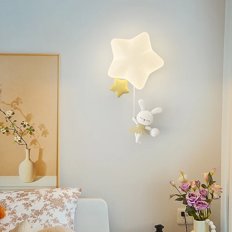 Romantic Star Wall Lamp For Nursery Bedroom Lighting White Wall Sconce Animal Bear Rabbit Light Children\'s Bedside Wall Lights