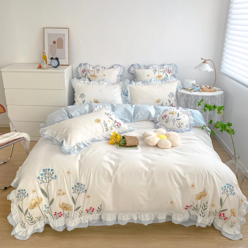

Cottagecore Botanical Floral Embroidery Ruffles 100% Cotton Bedding Set Duvet Cover Flat/Fitted Bed Sheet Pillowcases 4Pcs