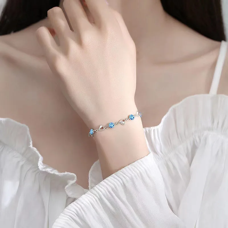 925 Sterling Silver Heart Shaped Zircon Bracelet For Women Retro Korean Blue Crystal Charm Bracelets Original Party Jewelry Gift