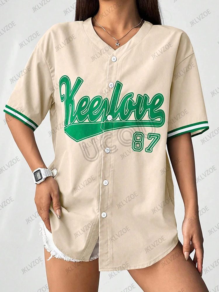 2025 sommer Neue Retro Patchwork Brief Gedruckt Bluse Frauen Streetwear Baseball Hemd Hip Hop Kurzarm Button Up Tops – Detail 8