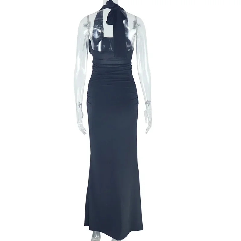 Womens Dresses 2025 Spring Three Dimensional Floral Decor Hanging Neck Sleeveless Casual High Waist Hollow Ruched Long Dress