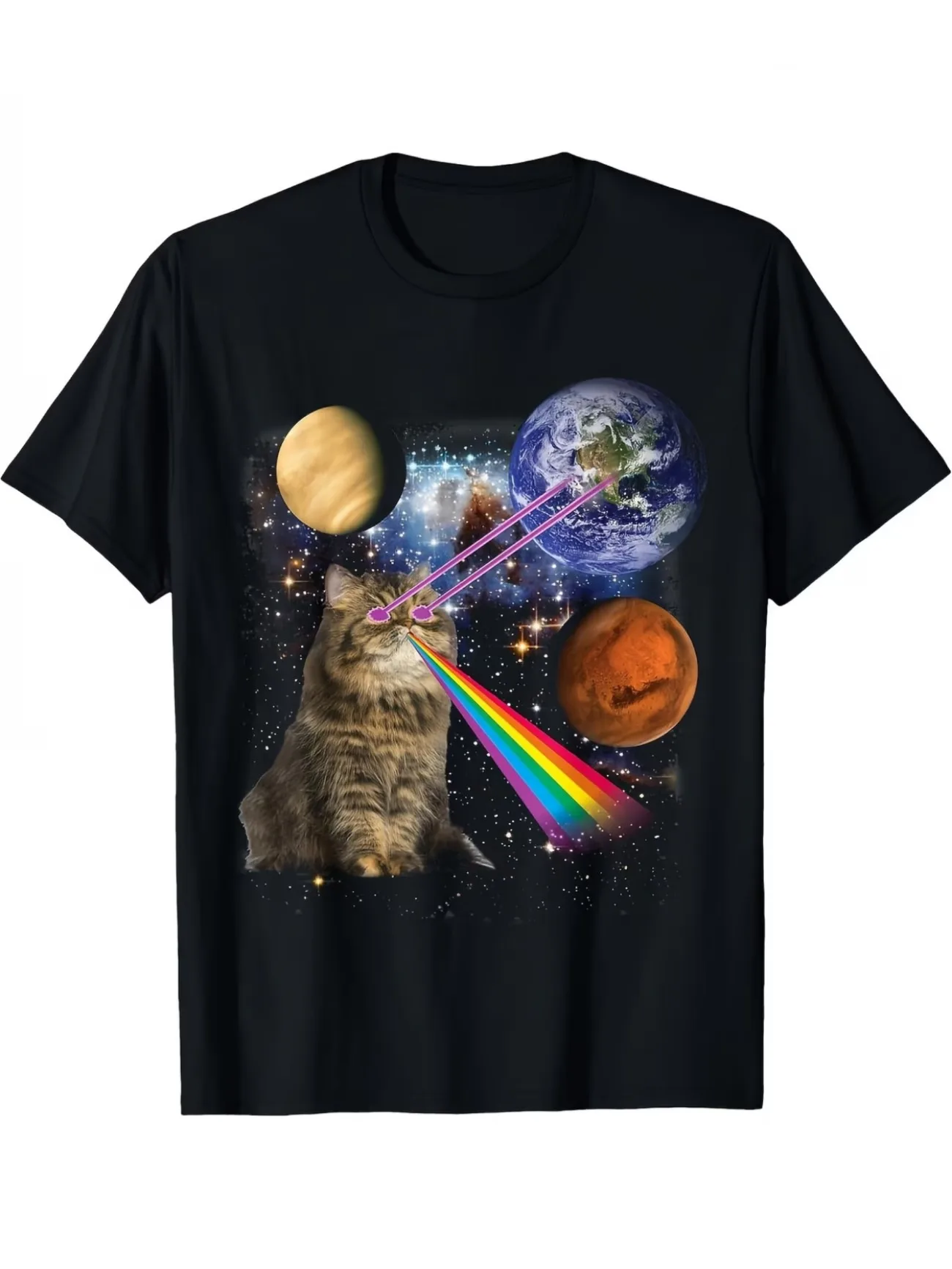 Galaxy Space Cat T-Shirt Loose-Fit Short-Sleeve Crew Neck Tee in Black with Colorful Laser Rainbow and Tabby Cat Design Tops Tee