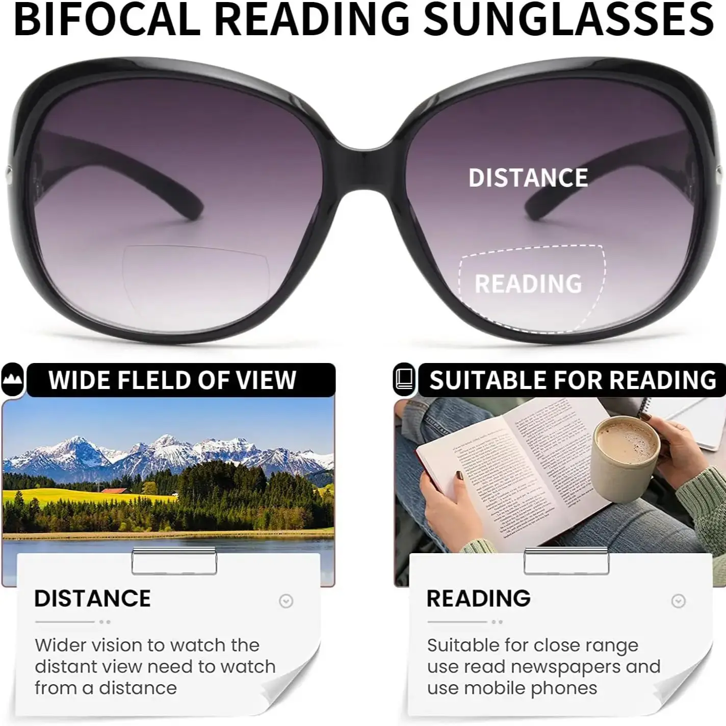 JM Large Round Bifocal Reading Sunglasses for Women Vintage Oversized Lady Reading Glasses Outdoor UV400 Protection Black +4.0