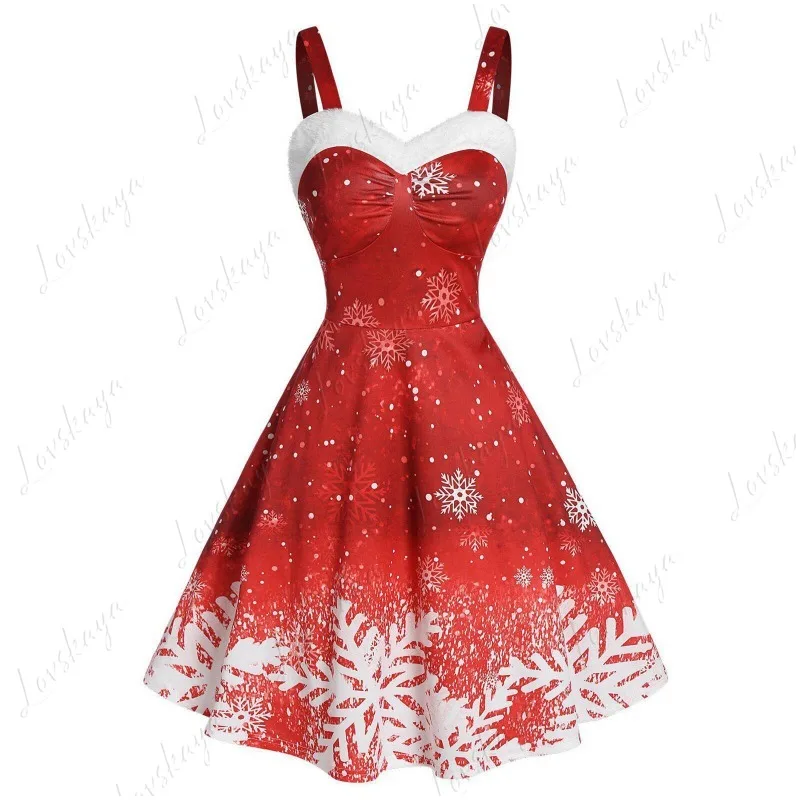 Christmas Holiday A Lady Suspender Word Shoulder Gradual Change Color Snowflake Print Vintage Dress