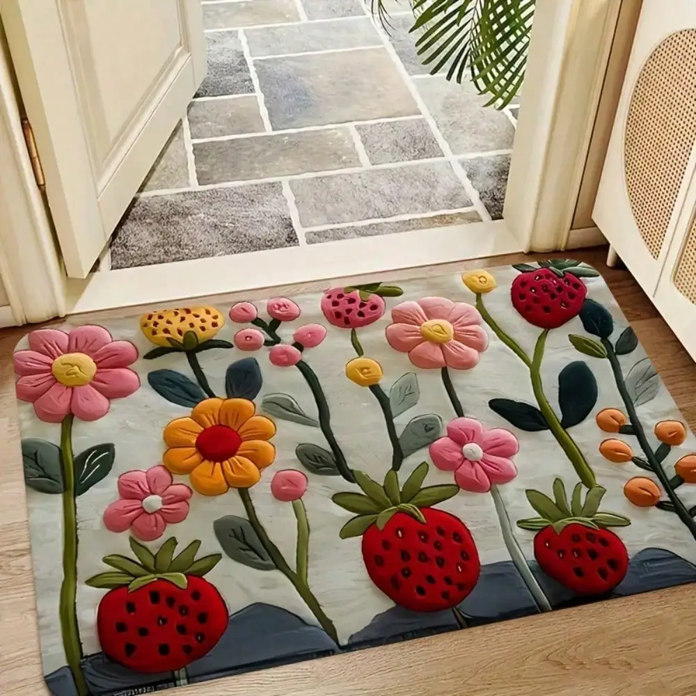 

1pc Cute Floral Doormat Strawberry Kitchen Mat Non-Slip Absorbent Bathroom Rug Whimsical Spring Summer Floor Mat Home Decor