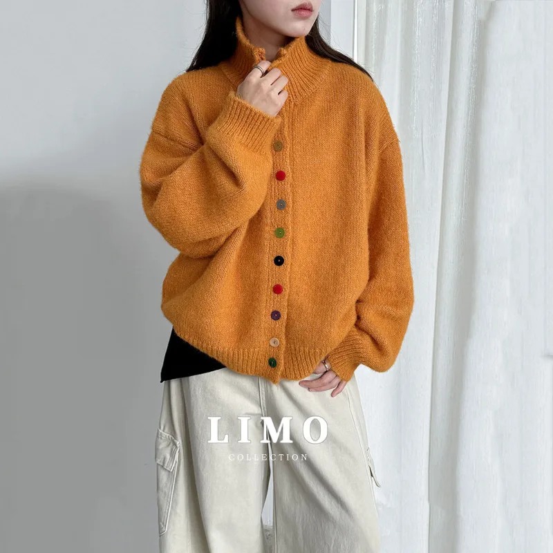 

LIMO 2025 New Colorful Button Stand Collar Sweater Coat for Women Soft Wool Knitted Cardigan Thick Comfortable and casual