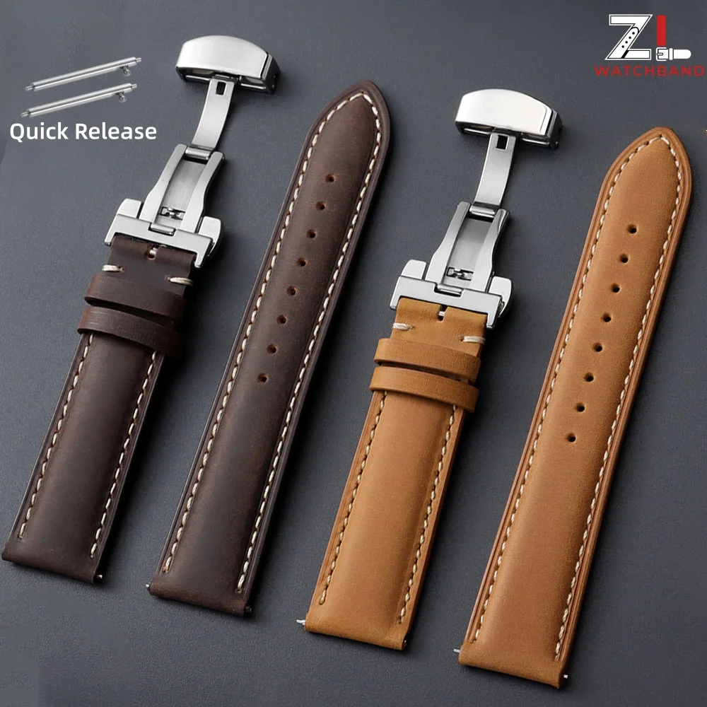 Image of Schnellverschluss-Lederarmband 14/16/18/20/22/24mm mit Butterfly-Verschluss für Omega und Seiko, Business-Stil mit brauner Naht