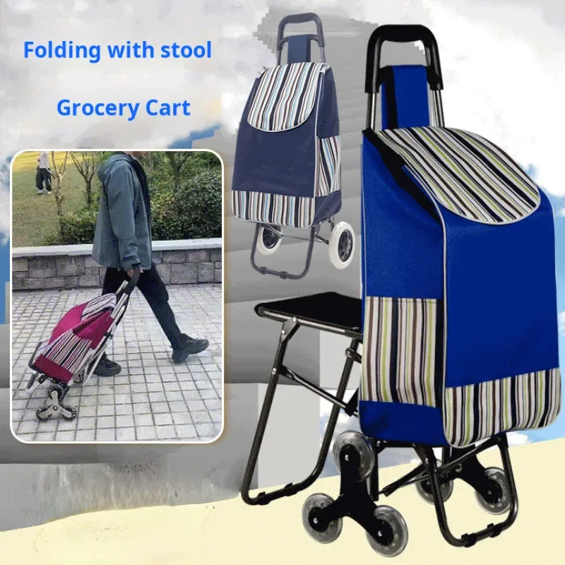 Elderly people\'s shopping cart with stool telescopic Portable Folding Shopping Cart SixWheel TelescopicSupermarket Grocery Cart