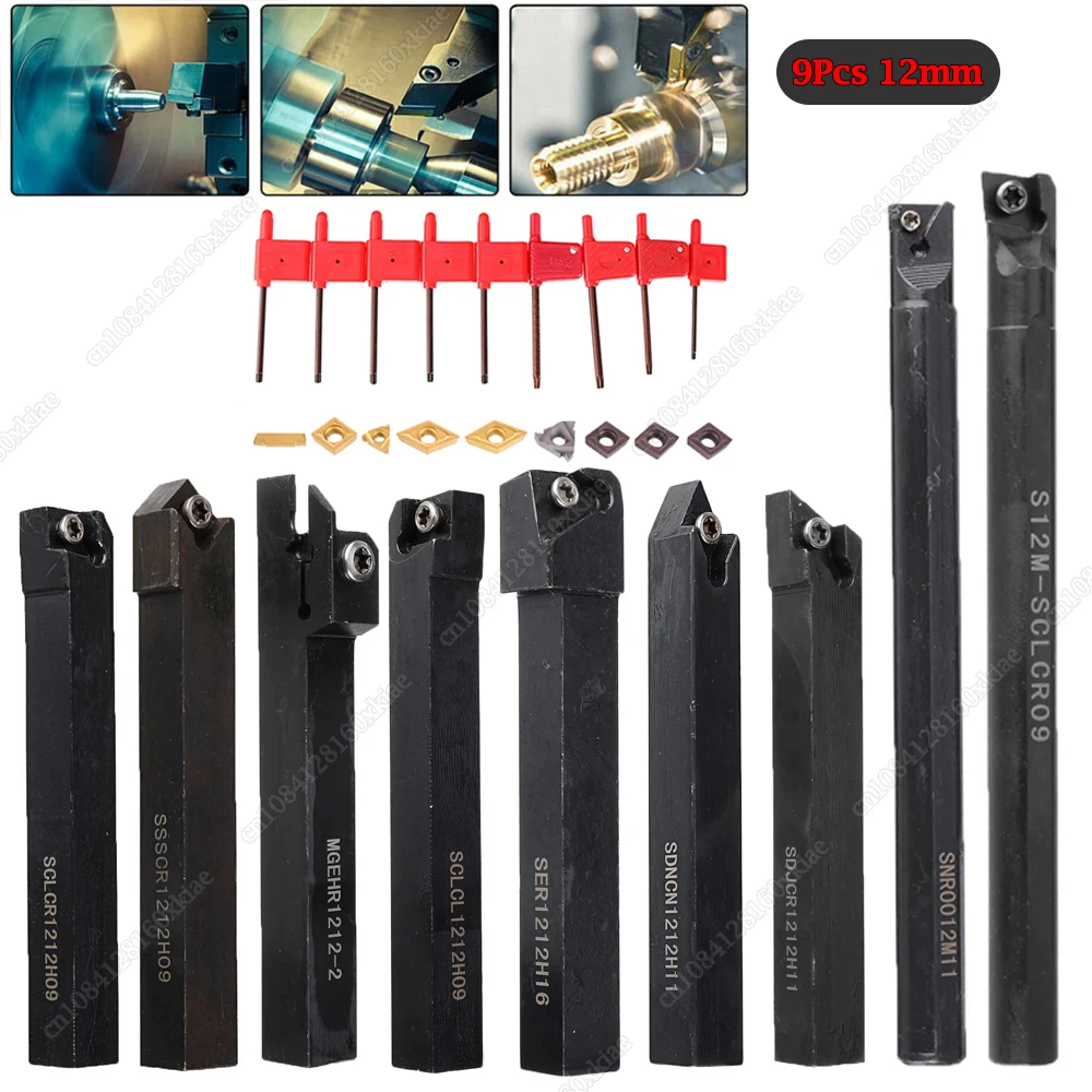 

9Pcs 12mm For Semi-Finishing and Finishing Operations Turning Tool Holder Set Shank Lathe Boring Bar With Carbide Inserts New