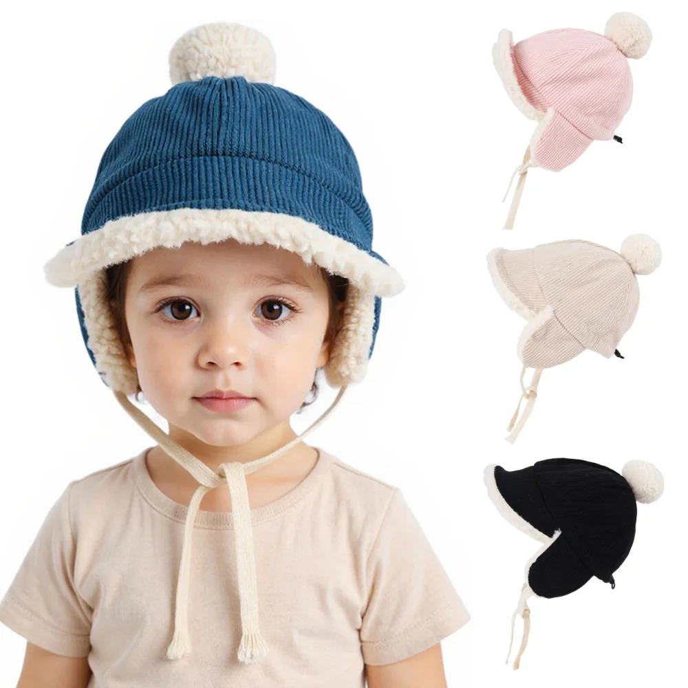 

Autumn Winter Baby Pompom Ball Hat Plush Hat for Girls Boys Warm Toddler Bonnet with Earmuffs Outdoor Kids Ear Protection Hat