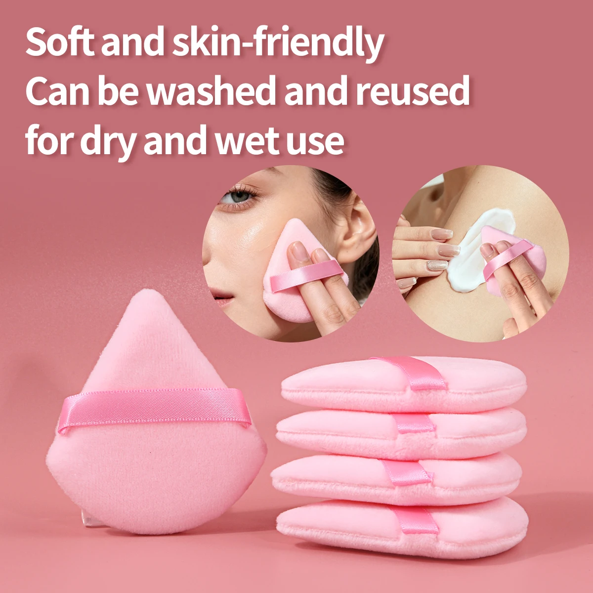 5Pcs Triangle Velvet Makeup Puff Pink Wedge Shape Makeup Sponge Puffs With Strap Soft Foundation Setting Powder Applicator For F