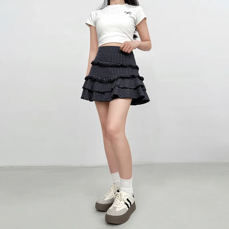 

Korean Retro Plaid Lace Skirt for Women's Summer New Design Sense, High Waist A-line Version, Slimming and Fluffy Cake Skirt