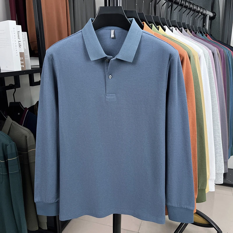 100% Reine Baumwolle Herbst Winter Herren Hochwertiges Designer Modisches Langarm-Boutique-Polohemd mit Knöpfen Lässig Bequem – Detail 11
