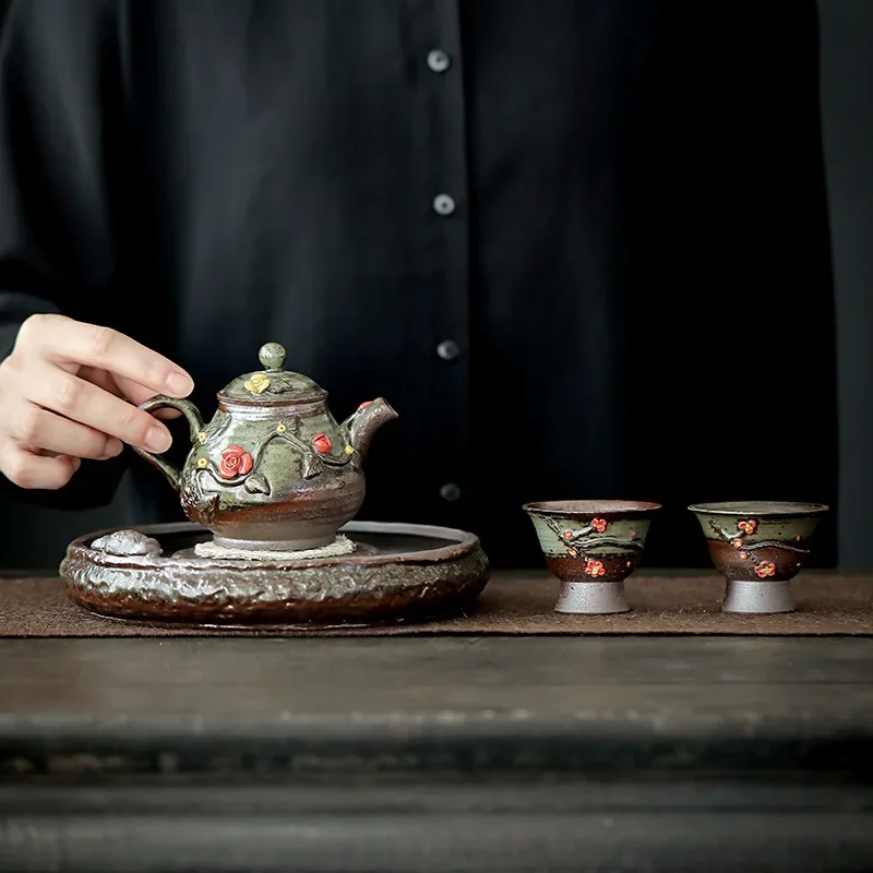 Wood-fired Hand-made Teapot Japanese Retro Coarse Clay Tea Infuser Kung Fu Tea Accessories Teapot Hand-hammered Beam Pot
