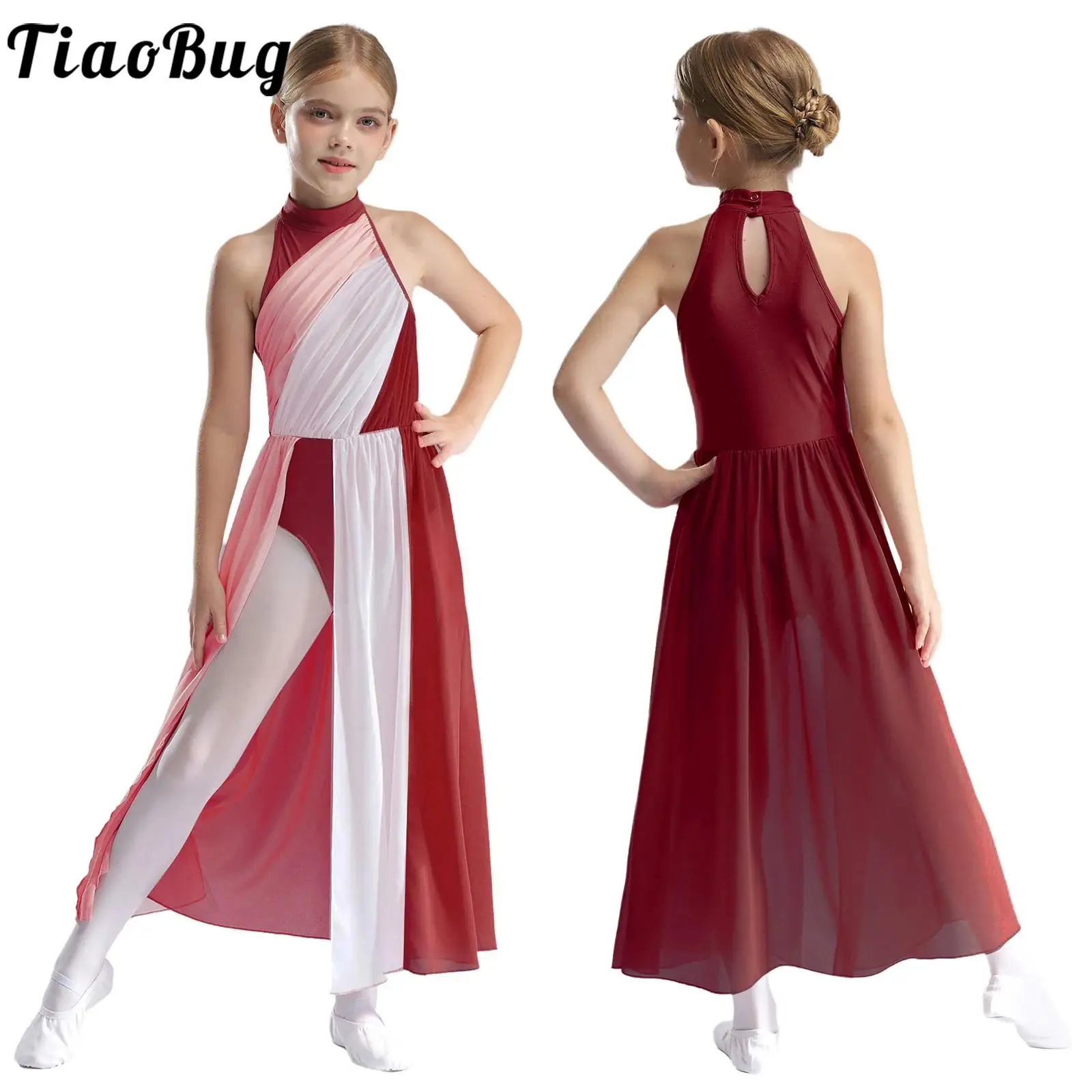 Dziecięca dziewczyna baletowa liryczna sukienka do tańca Color Block Mesh Split gimnastyka trykot ze spódnicą łyżwiarstwo współczesny kostium taneczny