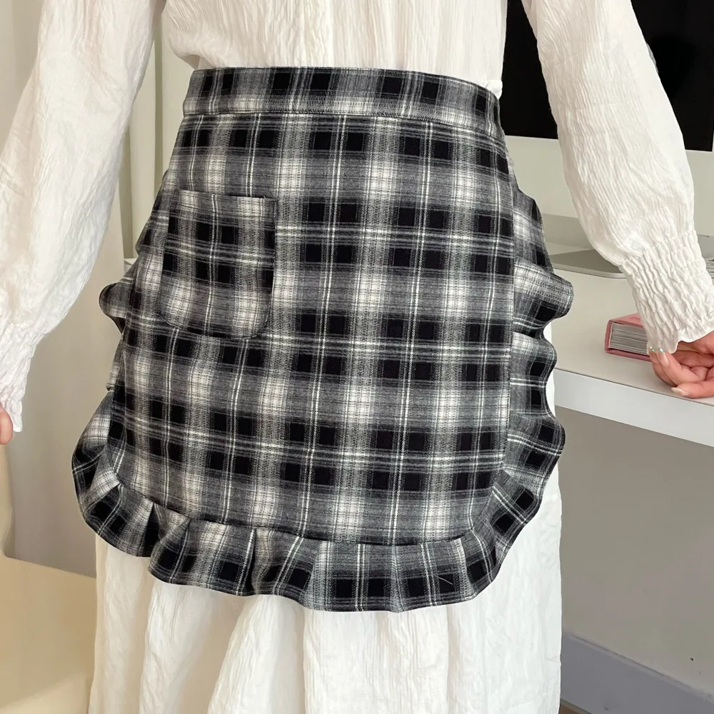 Plaid Ruffle Edge Half Body Apron for Women's Fresh Home Baking Apron Coffee Shop Flower Shop Anti Fouling Work Clothes