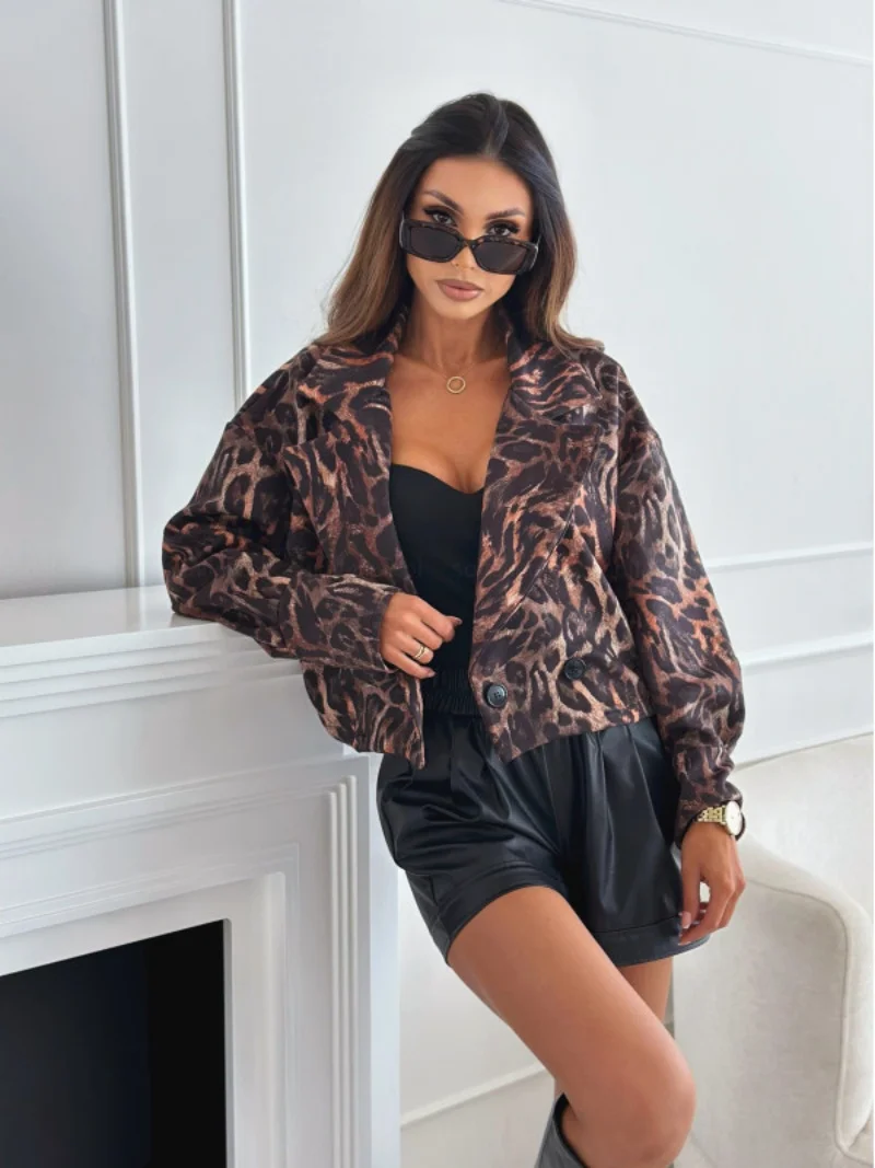 Leopard Print Cropped Blazer with Long Sleeves and Double Breasted Design for Women