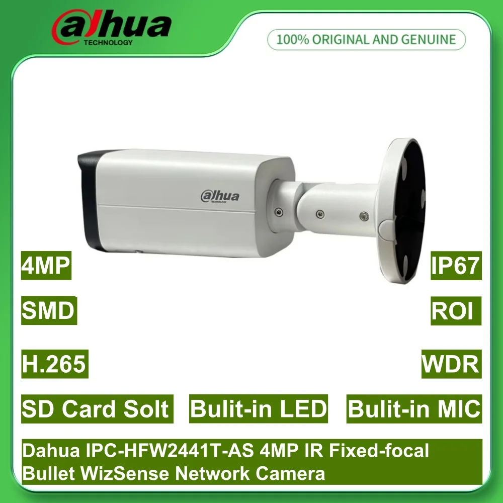 

Dahua IPC-HFW2441T-AS 4MP IR Fixed-focal Bullet WizSense Network PoE Camera H.264+ H.265+ WDR Built in MIC Micro SD Card Solt